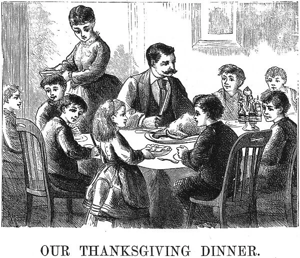THANKSGIVING DINNER, 1873. American wood engraving, 1873