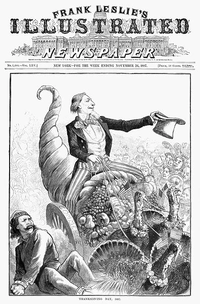 THANKSGIVING PARADE, 1887. Uncle Sam, shoving aside anarchy, rides triumphantly in a cornucopia wheeled by commerce. Cartoon, American, 1887
