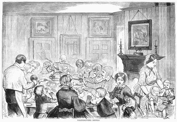 THANSKGIVING DINNER, 1857. Wood engraving, American, 1857