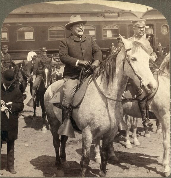 THEODORE ROOSEVELT (1858-1919). 26th President of the United States. Roosevelt at Yellowstone National Park, with park superintendent John Pitcher at right. Stereograph, c1903