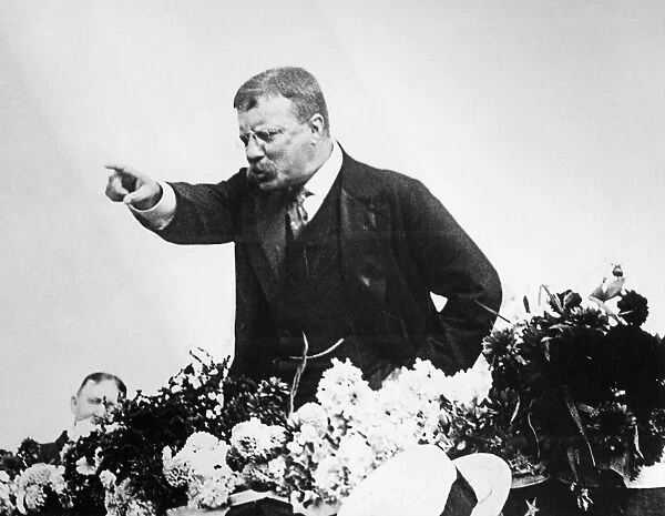 THEODORE ROOSEVELT (1858-1919). 26th President of the United States. Roosevelt speaking while campaigning for Vice-President with running mate William McKinley. Photograph, 1900
