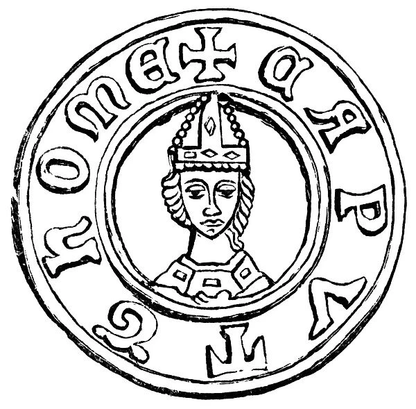THOMAS A BECKET (1118-1170). English prelate. Engraving of a pin bearing the attributes of Saint Thomas worn by pilgrims to Canterbury in the Middle Ages