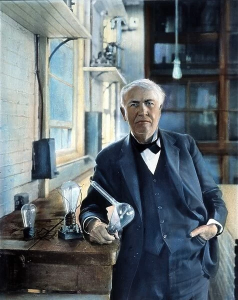THOMAS EDISON (1847-1931). American inventor. Photographed with his Edison Effect lamps in his West Orange, New Jersey, laboratory in 1915. Oil over a photograph