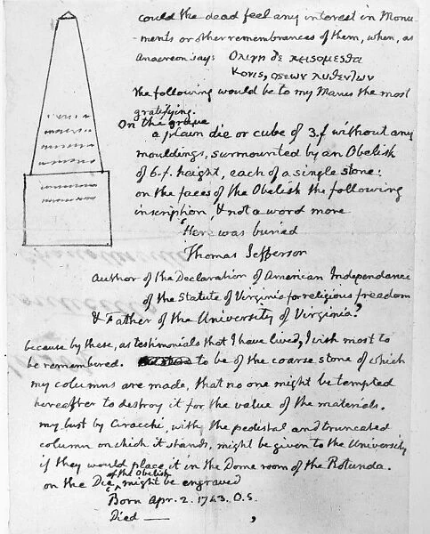 Thomas Jeffersons design for his own tombstone, with the inscription he desired