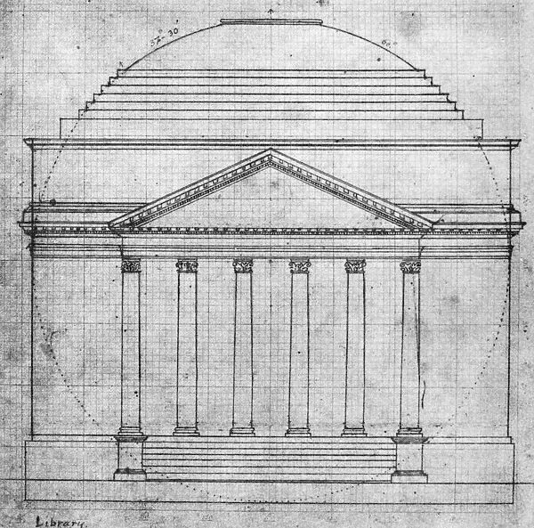 Thomas Jeffersons plan in his own hand, of the front elevation of the Rotunda of the University of Virginia, 1821