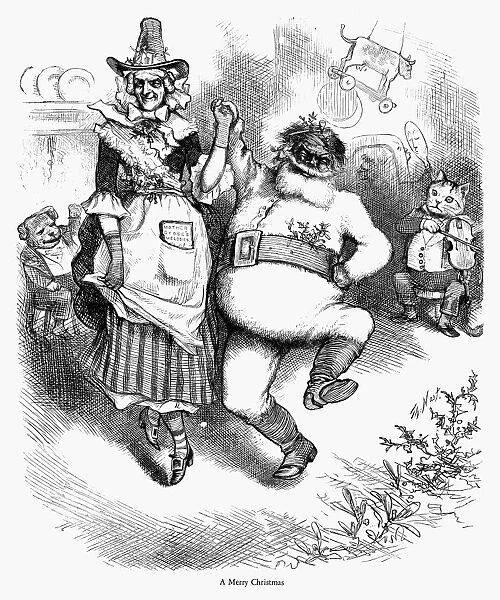 THOMAS NAST: CHRISTMAS. A Merry Christmas. Mother Goose and Santa Claus dancing along with the characters from the nursery rhyme Hey Diddle Diddle. Wood engraving after a drawing by Thomas Nast, 19th century