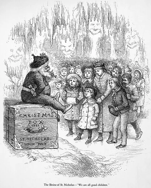 THOMAS NAST: CHRISTMAS. The Shrine of St. Nicholas - We are all good children. Wood engraving after a drawing by Thomas Nast, 19th century