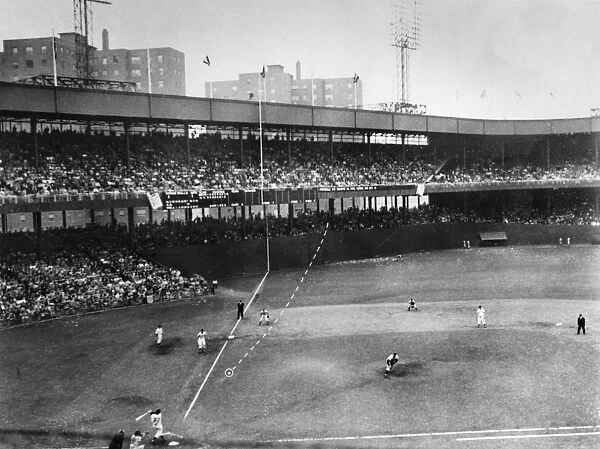 THOMSON HOME RUN, 1951. Bobby Thomson of the New York Giants hitting his pennant-winning home run, the so-called Shot Heard round the World, off of pitcher Ralph Branca of the Brooklyn Dodgers at the Polo Grounds in New York City, 3 October 1951. The ball is in mid-flight, and a dotted line traces its trajectory into the left field stands