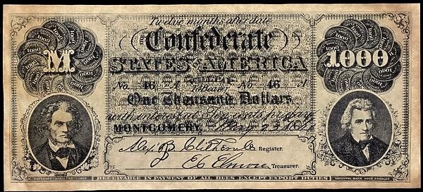 One thousand dollare banknote issued by the Confederate States of America at Montgomery, Alabama, 1861. John C. Calhoun is on the left; Andrew Jackson is on the right