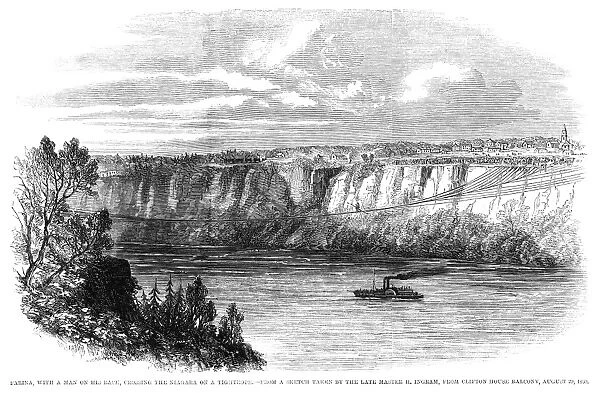 TIGHTROPE WALKER, 1860. William Leonard Hunt, known as The Great Farini, crossing
