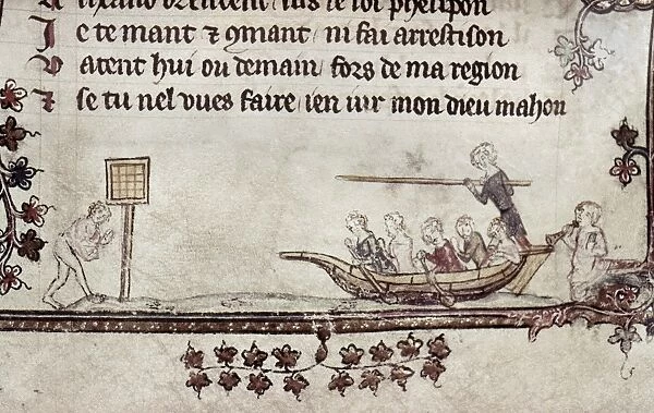 TILTING, 14th CENTURY. A man tilting at a target from a rowboat