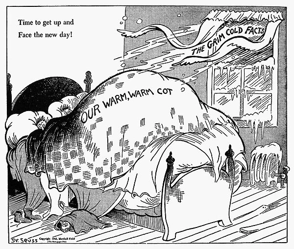 Time to get up and face the new day! American cartoon by Dr. Seuss (Theodor Geisel) for PM, 24 February 1942, on the importance of helping the Allied effort in World War II