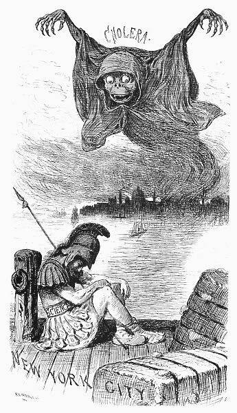 Is This a Time for Sleep? American cartoon, 1883, urging more vigilance and action to vanquish public health diseases such as cholera, here shown arriving in New York City harbor while Science sleeps on his watch