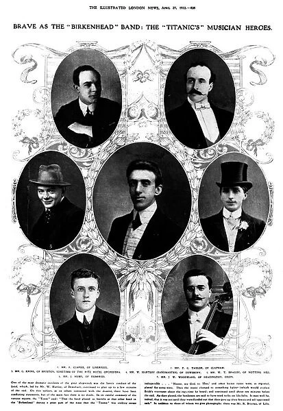 TITANIC: BAND, 1912. The band that played onboard the Titanic. Photographs from an English newspaper of 1912