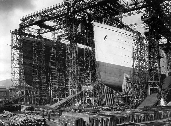 TITANIC: CONSTRUCTION, c1910. View of the Olympic (left) and Titanic under construction at the Harland & Wolff shipyards, Belfast, Ireland. Photographed c1910