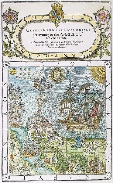 Title page of General and Rare Memorials pertayning to the Perfect Arte of Navigation, 1577, by John Dee, astrologer to Queen Elizabeth I (who is depicted at right aboard ship)