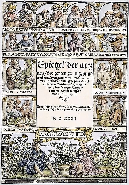 The title page of Laurentius Friesens Spiegel der Artzney, with portraits of ancient and medieval physicians and (bottom) a representation of Venus and Adonis in a garden. Woodcut, Strassburg, 1532, after Hans Weiditz