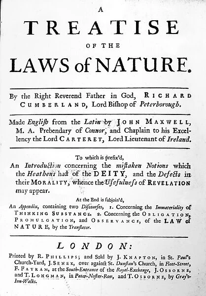 Title page of Thomas Jeffersons copy of A Treatise of the Laws of Nature, written by Richard Cumberland, Lord Bishop of Peterborough, c1727