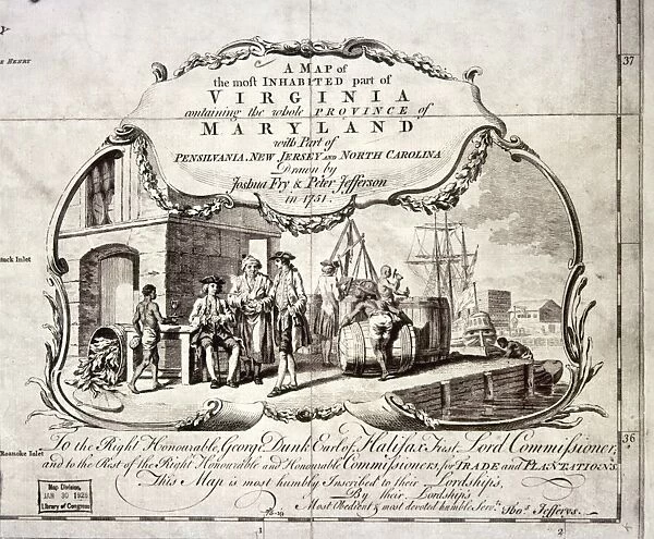 TOBACCO WAREHOUSE, 1775. English colonists at a dockside tobacco warehouse on the Chesapeake. Cartouche, English, 1775, from an engraved version of the map of Virginia drawn in 1751 by Joshua Fry and Peter Jefferson