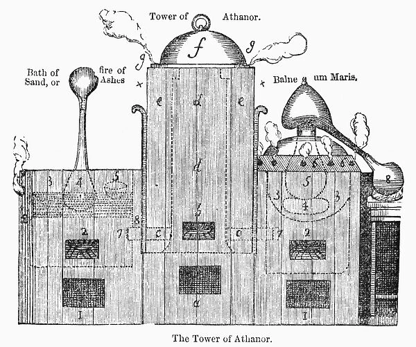 The tower of Athanor, a large furnace designed by Geber, to maintain uniform heat during the process of alchemy. 19th century line engraving