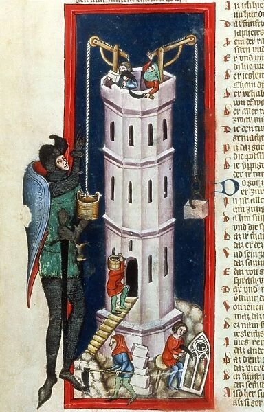 TOWER OF BABEL, 1375. Nimrod building the Tower of Babel: German ms. illumination