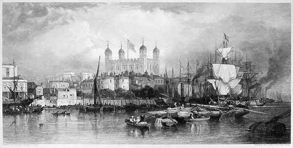 TOWER OF LONDON, 1853. View from the River Thames, crowded with steamboats emitting smoke. Line engraving after E. Duncan, 1853