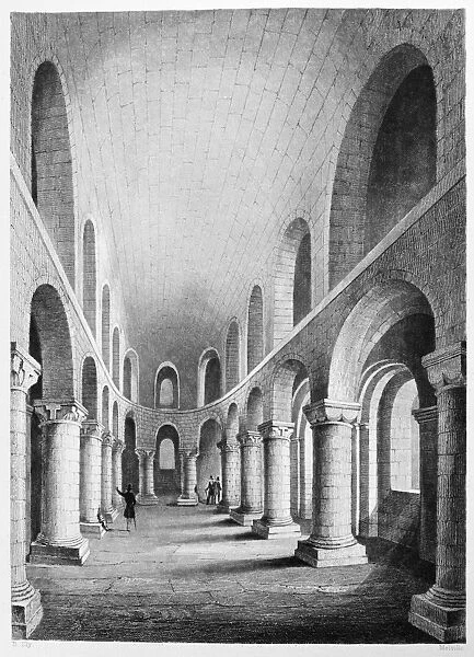 TOWER OF LONDON: CHAPEL. The Norman Chapel in the White Tower, built, 1080, of marble from Caen, France. Line engraving, English, c1845