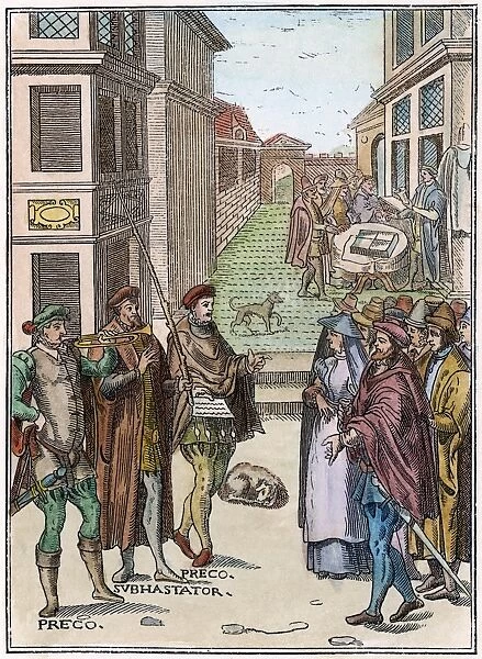 TOWN CRIER, 1557. The town crier blowing his trumpet