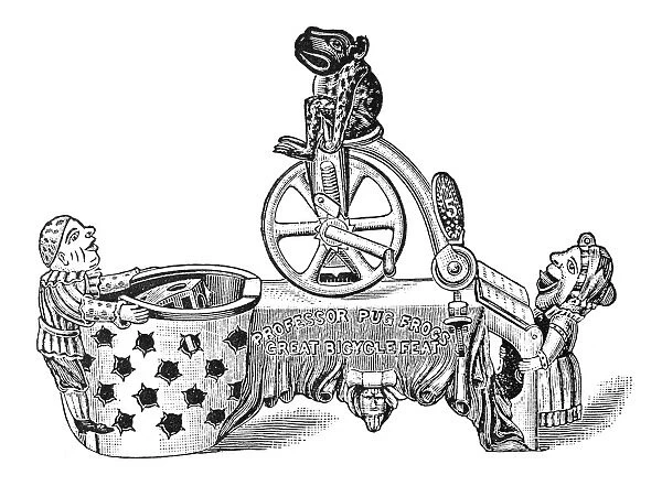 TOY, 1891. Professor Pug Frogs Great Bicycle Feat. Wood engraving from an American catalogue of 1891