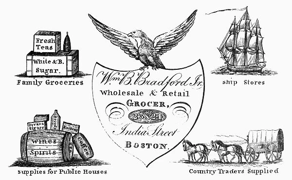 TRADE CARD, c1830. Trade card of a Boston merchant who sold to country dealers