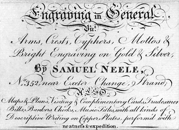 TRADE CARD: ENGLAND. Trade card for Samuel Neeles engraving shop in the Strand, London. Line engraving, late 18th century