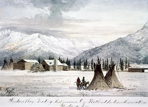 TRADING OUTPOST, c1860. Hudson Bay Trading Post on Flathead Indian Reservation, Montana Territory. Watercolor by Peter Petersen Tofft, c1860