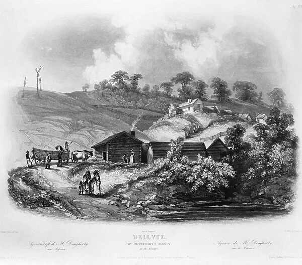 TRADING POST, 1840. Bellvue, Mr. Doughertys agency on the Missouri. Aquatint by Karl Bodmer