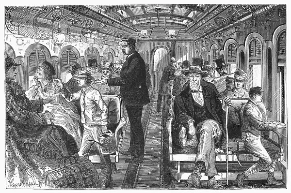 TRAIN: PASSENGER CAR, 1876. Selling ice water on an American train. Wood engraving, French, 1876