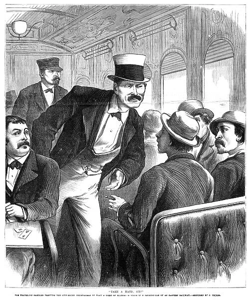 TRAIN TRAVEL, 1873. Take a Hand Sir. A traveling gambler challenging a fellow