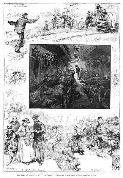 TRAIN TRAVEL, 1883. Westward Bound - Scenes on an Immigrant Train. Engraving and drawing by W
