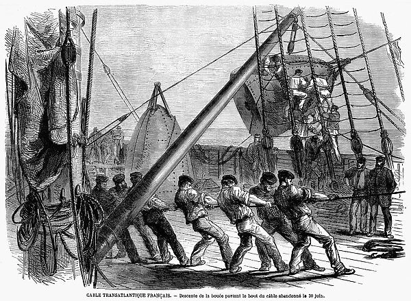 TRANS-ATLANTIC CABLE, 1869. The Great Eastern laying the French trans-Atlantic cable in 1869. Wood engraving from a contemporary French newspaper