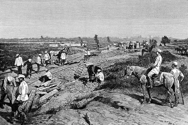 TRANS SIBERIAN RAILWAY. Workers building the Trans Siberian Railway, Russia. Line engraving, late 19th century