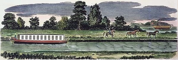 TRANSPORT: CANALS, 19th C. A barge being pulled by horses on a canal and a steamboat on the nearby river: American typefounders cut, 19th century