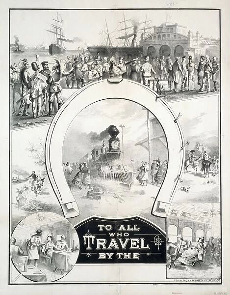 TRAVEL POSTER, c1882. Poster wishing luck to travelers, with scenes of immigrants