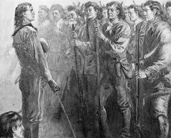 TRAVIS: THE ALAMO, 1836. Willam Barret Travis (1809-1836) mustering his men, among
