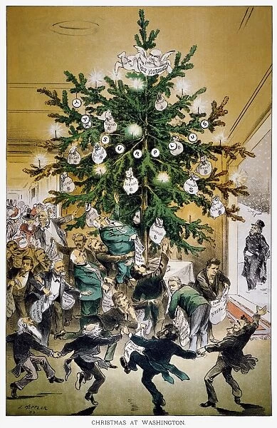 TREASURY CARTOON, 1883. Christmas at Washington. Joseph Kepplers 1883 cartoon from Puck magazine depicts federal officials helping themselves to the tax surplus in the treasury while the taxpayer stands out in the cold