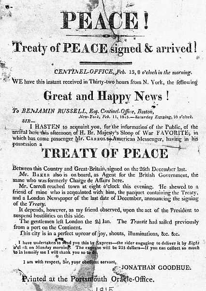 TREATY OF GHENT, 1814. American broadside printed by the Portsmouth Oracle of Portsmouth