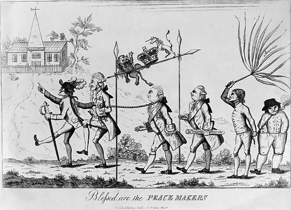 TREATY OF PARIS, 1783. Blessed are the Peace Makers. English cartoon, 24 February 1783, commenting on the premilinary peace talks taking place at Versailles. King George III and King Louis XVI are driven to the inquisition by America with the Netherlands in tow