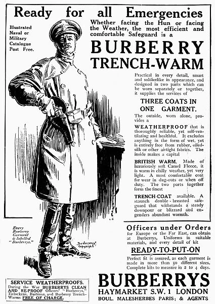 TRENCH COAT, 1917. Advertisement from an English newspaper of November 1917, for