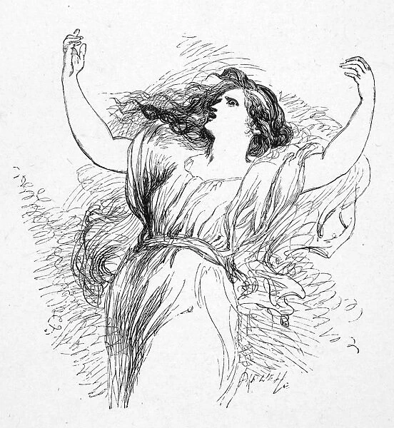 TROILUS AND CRESSIDA. Cassandra in one of her brain-sick raptures as described by Troilus (Act II, Scene II). Wood engraving after Sir John Gilbert, 1881