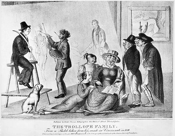 THE TROLLOPE FAMILY, 1832. The Trollope Family. American cartoon, 1832, satirizing Mrs Frances Trollope, her daughters, and the artist Auguste Hervieu following the publication of Domestic Manners of the Americans
