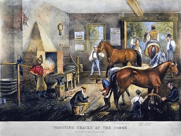 TROTTING CRACKS. Trotting Cracks at the Forge. Lithograph, 1869, by Currier & Ives