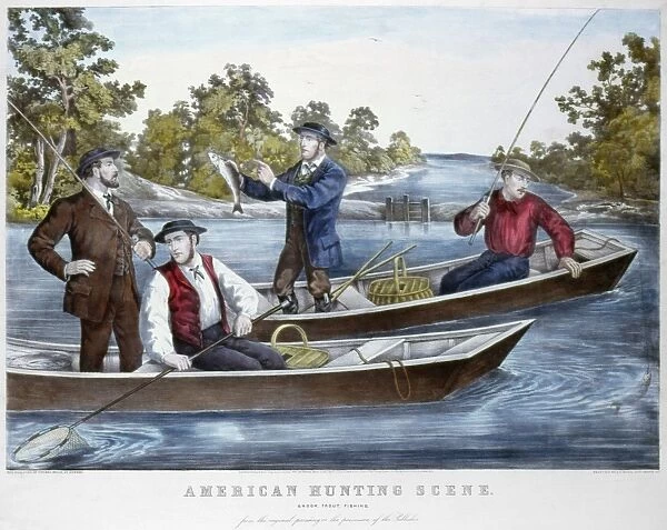 TROUT FISHING, 1859. American Hunting Scene - Brook Trout Fishing. Lithograph by Thomas Kelly