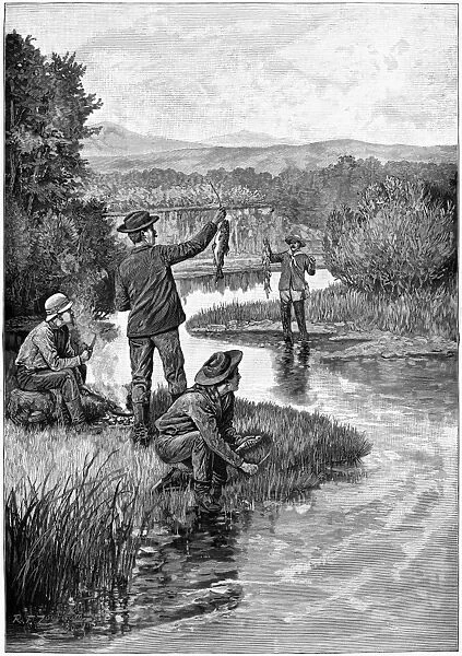 TROUT FISHING, 1886. Trout fishing in Montana. Engraving from a drawing by R. F